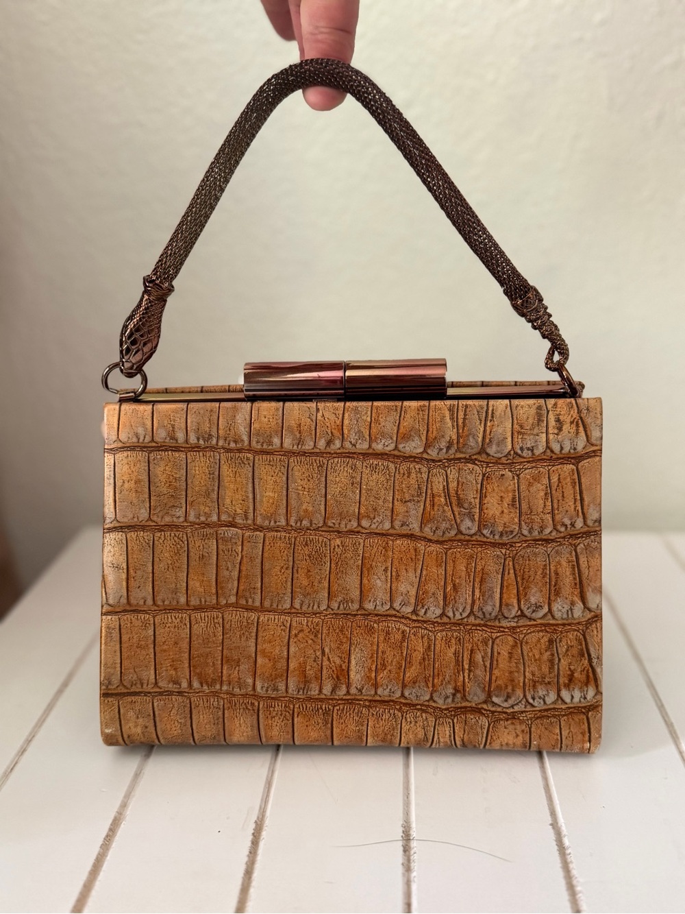 John Galliano Croc-Embossed Clutch in Brown and Gold